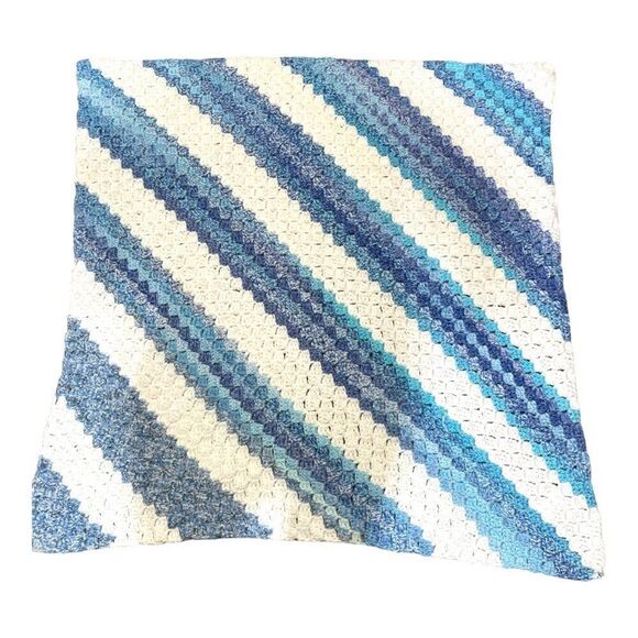 Handmade Blue & White Diagonal Crochet Blanket Chair Throw Baby Crib Tight Knit - Picture 2 of 4